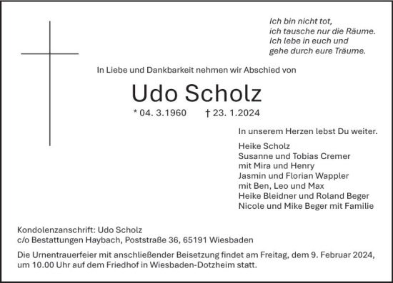 Traueranzeige von Udo Scholz von Wiesbadener Kurier