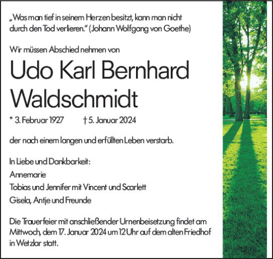 Traueranzeige von Udo Karl Bernhard Waldschmidt von Wetzlarer Neue Zeitung