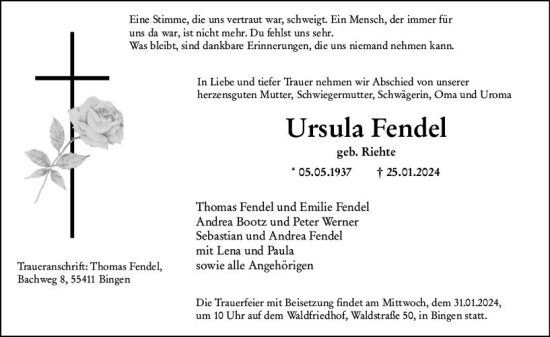 Traueranzeige von Ursula Fendel von Allgemeine Zeitung Bingen/Ingelheim