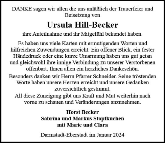 Traueranzeige von Ursula Hill-Becker von Darmstädter Echo