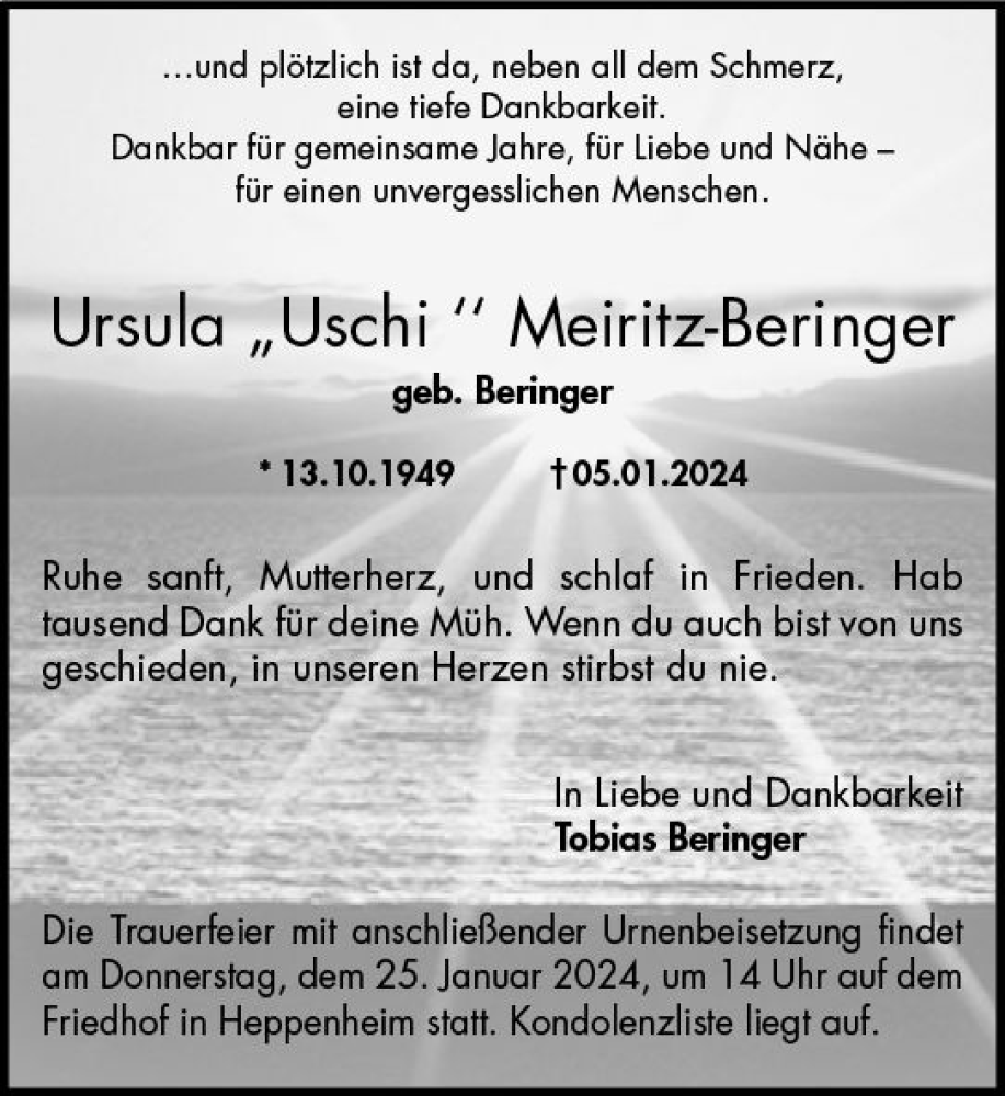  Traueranzeige für Ursula  Meiritz-Beringer vom 20.01.2024 aus Starkenburger Echo