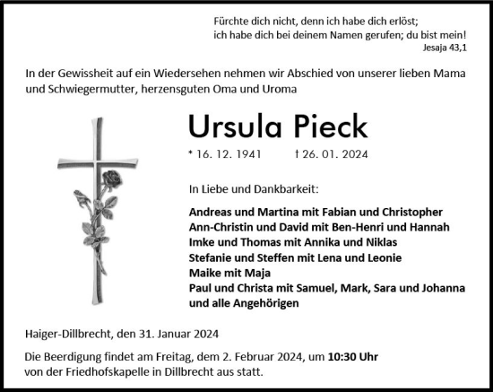 Traueranzeige von Ursula Pieck von Dill Block