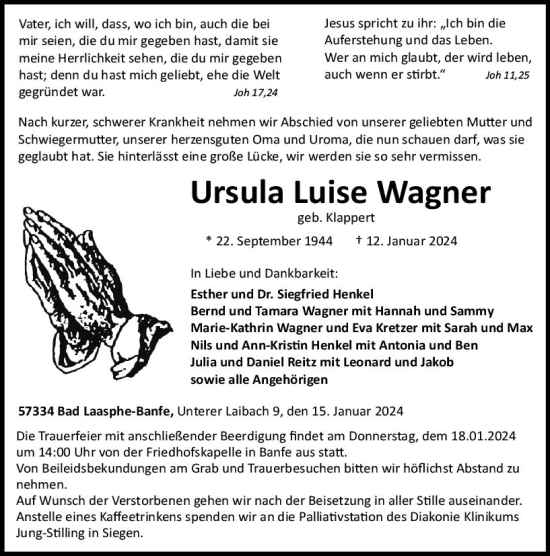 Traueranzeige von Ursula Luise Wagner von Hinterländer Anzeiger