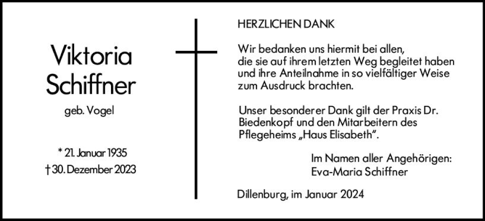  Traueranzeige für Viktoria Schiffner vom 27.01.2024 aus Dill Block