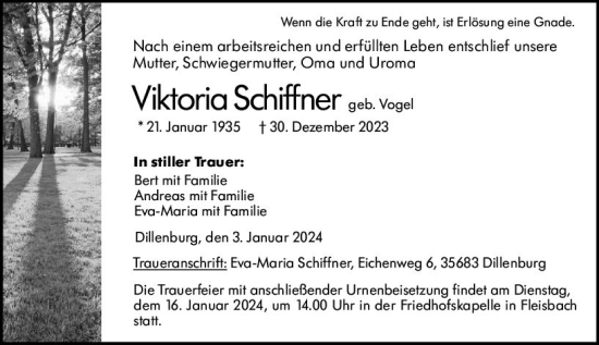 Traueranzeige von Viktoria Schiffner von Dill Block