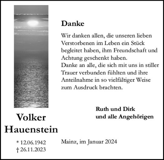 Traueranzeige von Volker Hauenstein von Allgemeine Zeitung Mainz