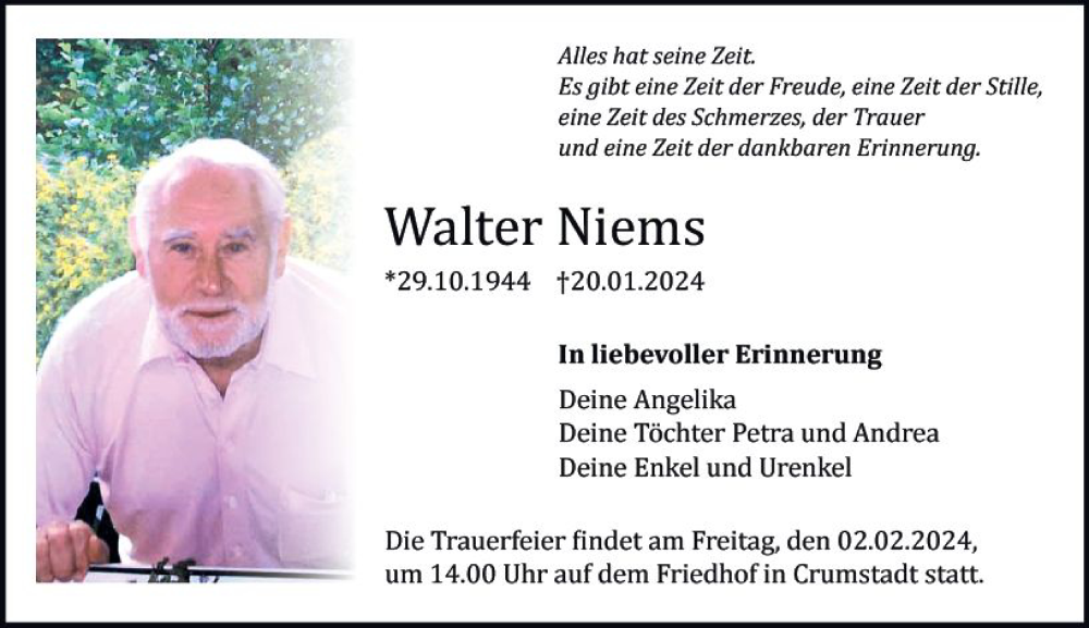  Traueranzeige für Walter Niems vom 30.01.2024 aus Darmstädter Echo