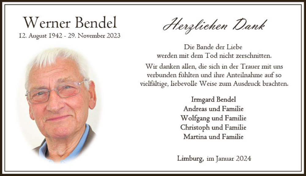  Traueranzeige für Werner Bendel vom 06.01.2024 aus Nassauische Neue Presse