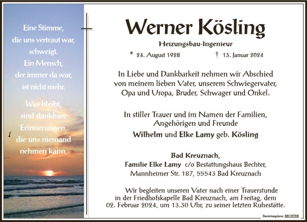  Traueranzeige für Werner Kösling vom 31.01.2024 aus Allgemeine Zeitung Bad Kreuznach