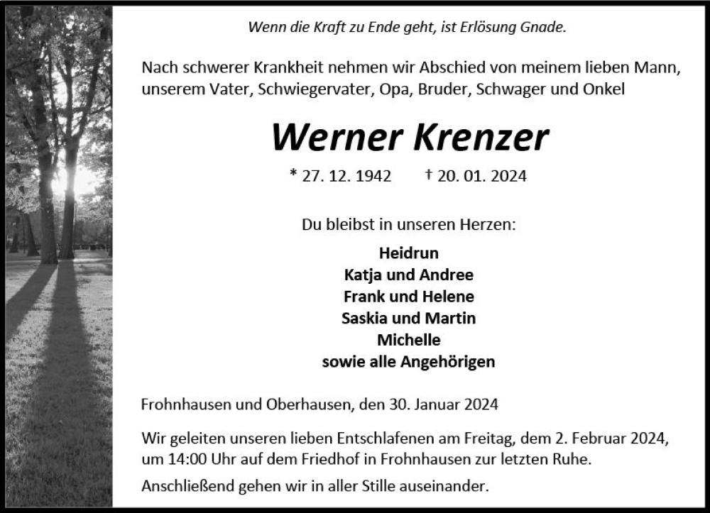  Traueranzeige für Werner Krenzer vom 30.01.2024 aus Dill Block