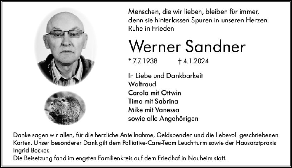  Traueranzeige für Werner Sandner vom 20.01.2024 aus Rüsselsheimer Echo