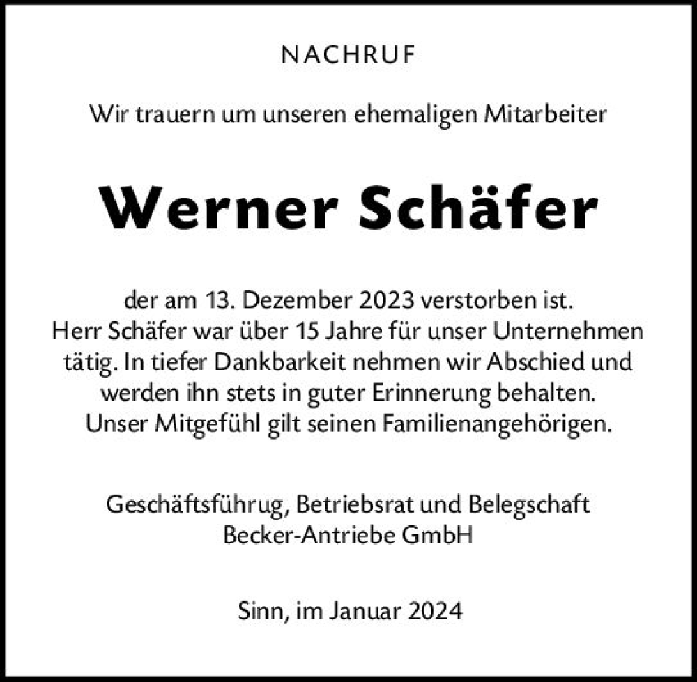  Traueranzeige für Werner Schäfer vom 06.01.2024 aus Dill Block