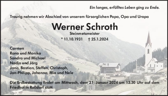 Traueranzeige von Werner Schroth von Darmstädter Echo