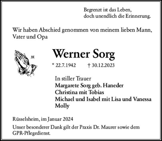 Traueranzeige von Werner Sorg von Rüsselsheimer Echo
