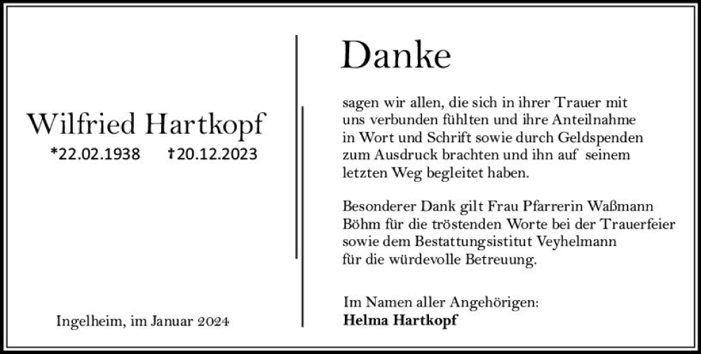  Traueranzeige für Wilfried Hartkopf vom 20.01.2024 aus Allgemeine Zeitung Bingen/Ingelheim