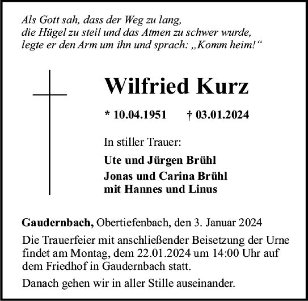  Traueranzeige für Wilfried Kurz vom 18.01.2024 aus Weilburger Tageblatt