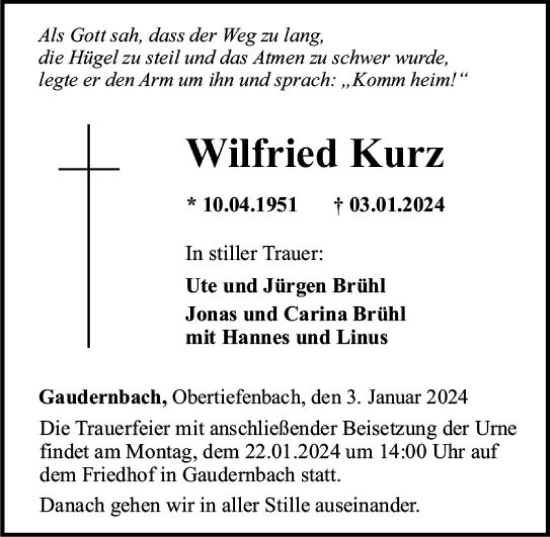Traueranzeige von Wilfried Kurz von Weilburger Tageblatt