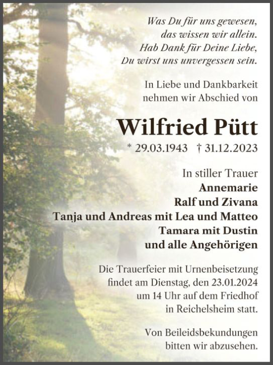 Traueranzeige von Wilfried Pütt von Odenwälder Echo
