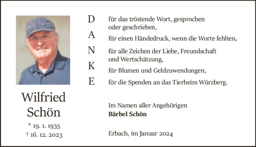  Traueranzeige für Wilfried Schön vom 20.01.2024 aus Odenwälder Echo