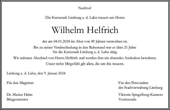 Traueranzeige von Wilhelm Helfrich von Nassauische Neue Presse