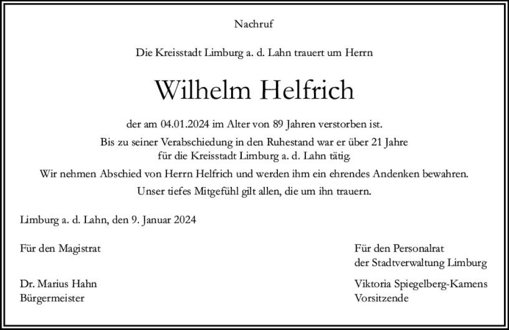  Traueranzeige für Wilhelm Helfrich vom 15.01.2024 aus Nassauische Neue Presse