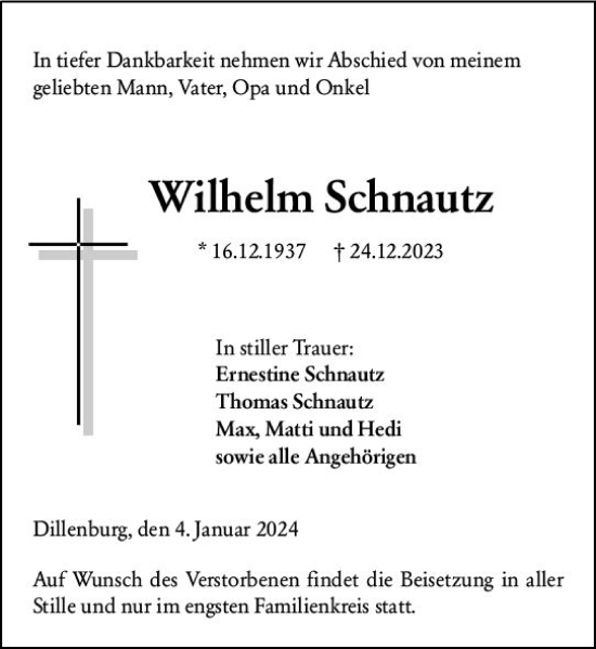 Traueranzeige von Wilhelm Schnautz von Dill Block