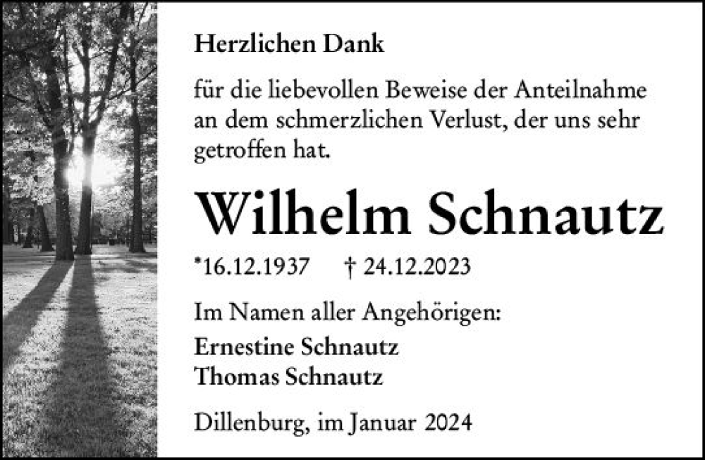  Traueranzeige für Wilhelm Schnautz vom 13.01.2024 aus Dill Block
