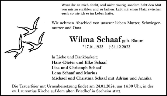 Traueranzeige von Wilma Schaaf von Darmstädter Echo