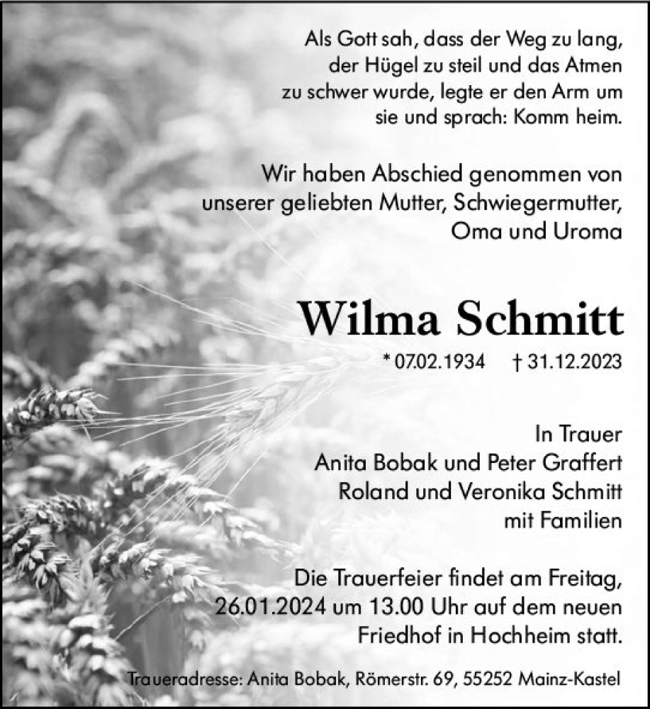  Traueranzeige für Wilma Schmitt vom 19.01.2024 aus Hochheimer Zeitung