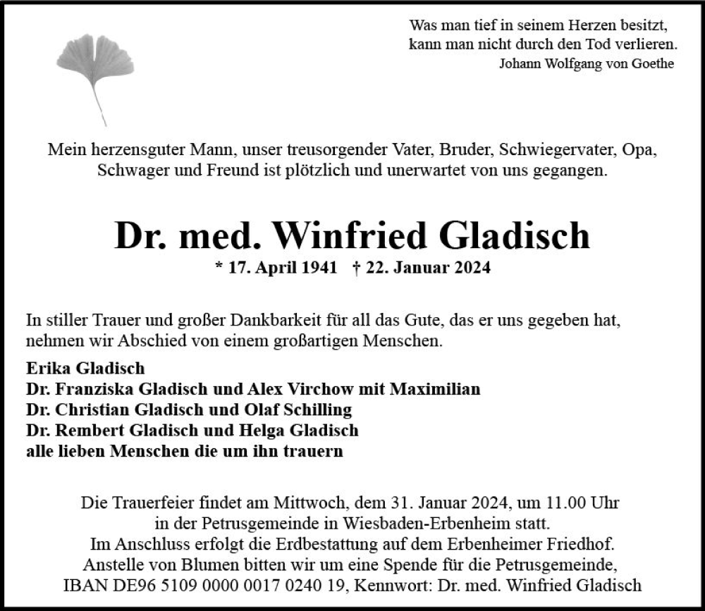 Traueranzeige für Winfried Gladisch vom 27.01.2024 aus Wiesbadener Kurier