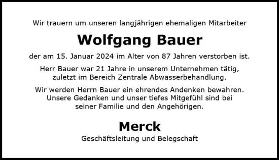 Traueranzeige von Wolfgang Bauer von Darmstädter Echo