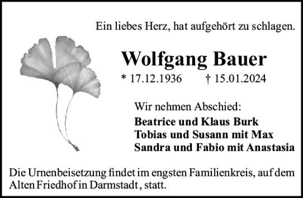  Traueranzeige für Wolfgang Bauer vom 27.01.2024 aus Darmstädter Echo