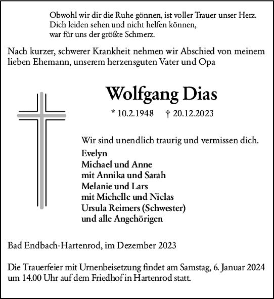  Traueranzeige für Wolfgang Dias vom 03.01.2024 aus Hinterländer Anzeiger