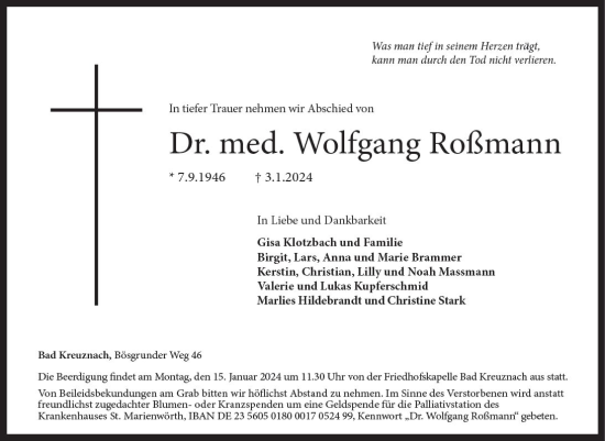 Traueranzeige von Wolfgang Roßmann von Allgemeine Zeitung Bad Kreuznach