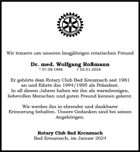Traueranzeige von Wolfgang Roßmann von Allgemeine Zeitung Bad Kreuznach
