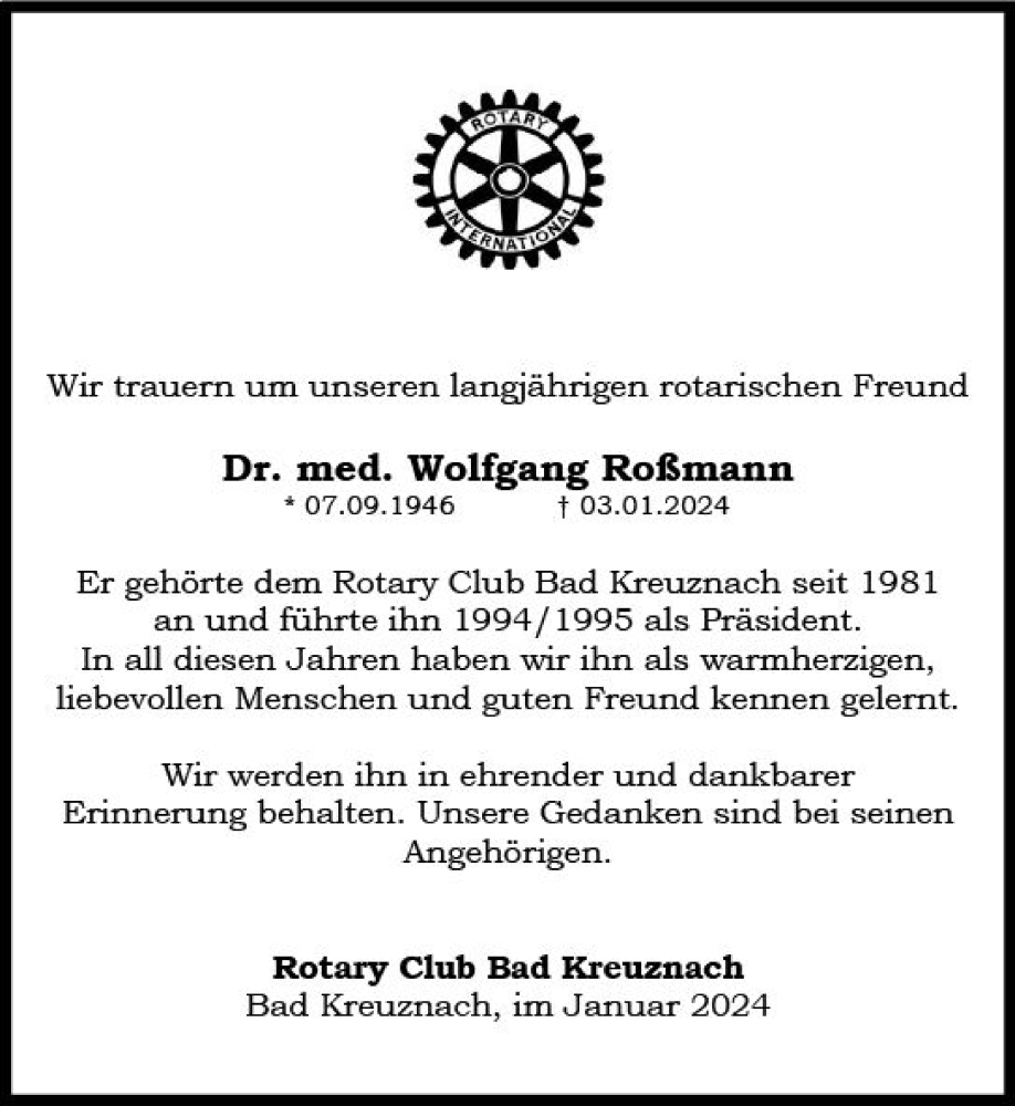  Traueranzeige für Wolfgang Roßmann vom 13.01.2024 aus Allgemeine Zeitung Bad Kreuznach