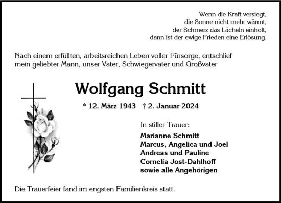 Traueranzeige von Wolfgang Schmitt von Wiesbadener Kurier