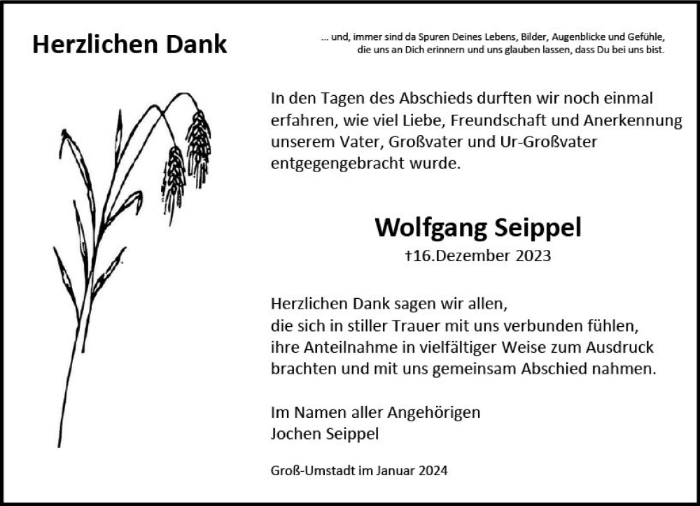  Traueranzeige für Wolfgang Seippel vom 13.01.2024 aus Darmstädter Echo