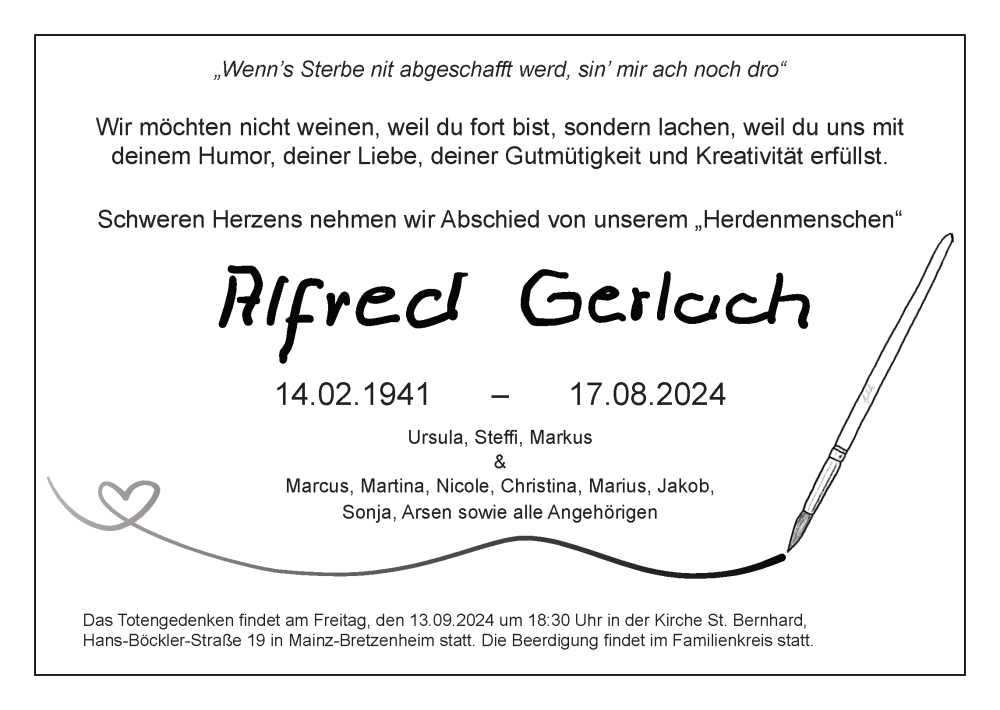  Traueranzeige für Alfred Gerlach vom 07.09.2024 aus Allgemeine Zeitung Mainz