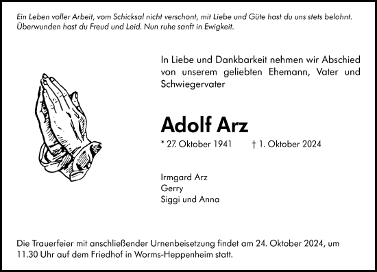 Traueranzeige von Adolf Arz von Wormser Zeitung