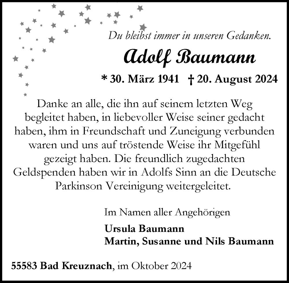  Traueranzeige für Adolf Baumann vom 19.10.2024 aus Allgemeine Zeitung Rheinhessen-Nahe