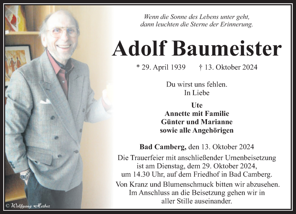  Traueranzeige für Adolf Baumeister vom 24.10.2024 aus Camberger Anzeiger
