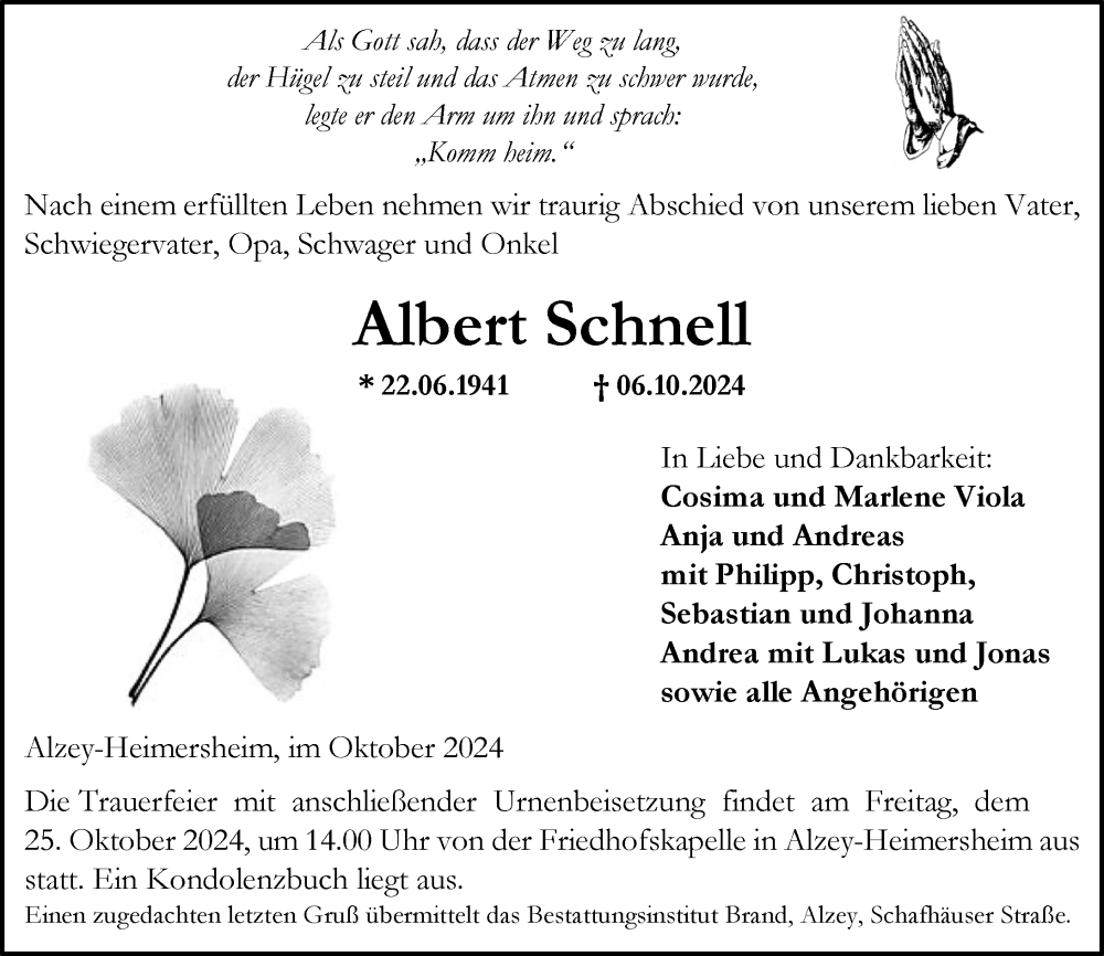  Traueranzeige für Albert Schnell vom 12.10.2024 aus Allgemeine Zeitung Alzey
