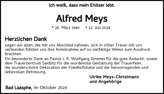 Traueranzeige von Alfred Meys von Hinterländer Anzeiger