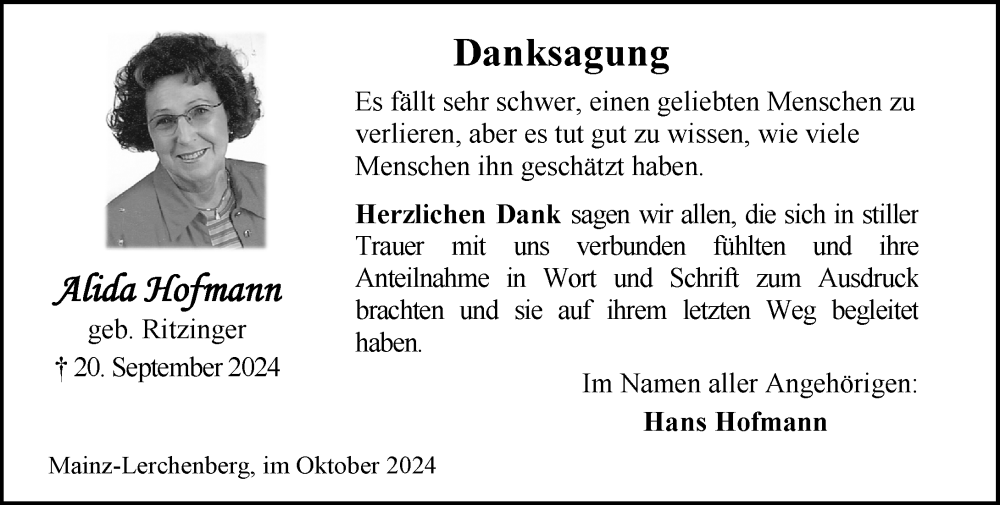  Traueranzeige für Alida Hofmann vom 26.10.2024 aus Allgemeine Zeitung Mainz