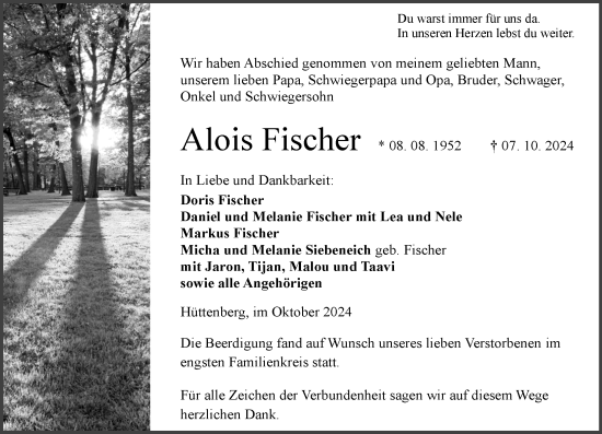 Traueranzeige von Alois Fischer von Wetzlarer Neue Zeitung