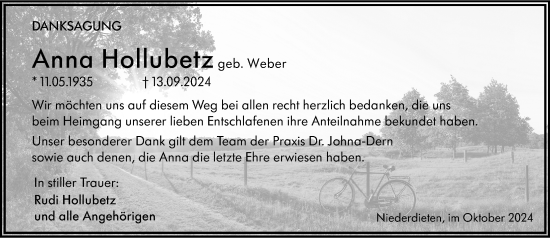 Traueranzeige von Anna Hollubetz von Hinterländer Anzeiger