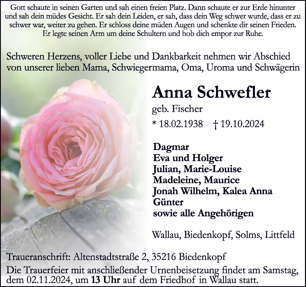  Traueranzeige für Anna Schwefler vom 29.10.2024 aus Hinterländer Anzeiger