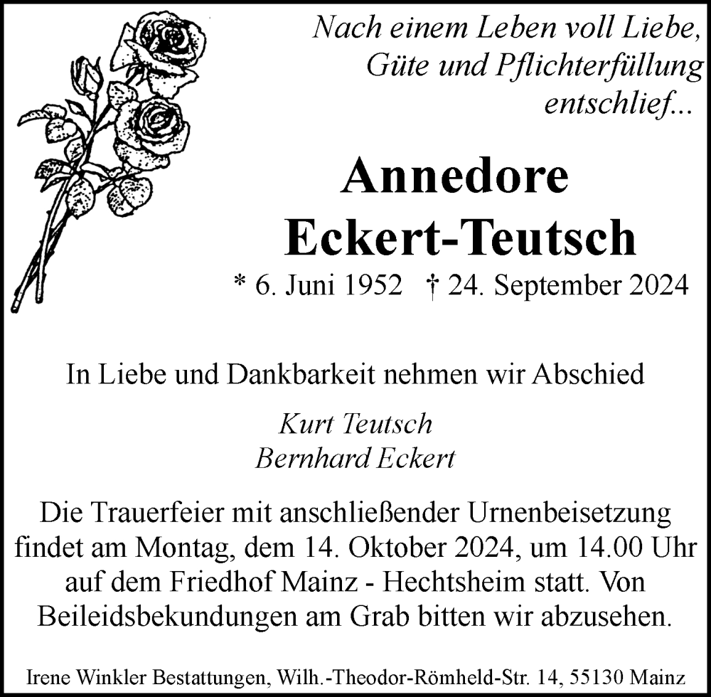  Traueranzeige für Annedore Eckert-Teutsch vom 05.10.2024 aus Allgemeine Zeitung Mainz