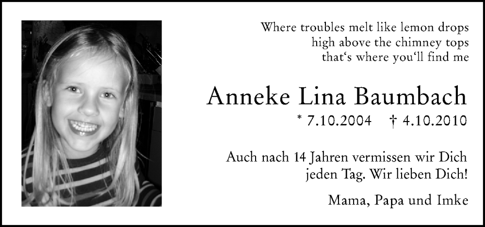  Traueranzeige für Anneke Lina Baumbach vom 04.10.2024 aus Allgemeine Zeitung Mainz
